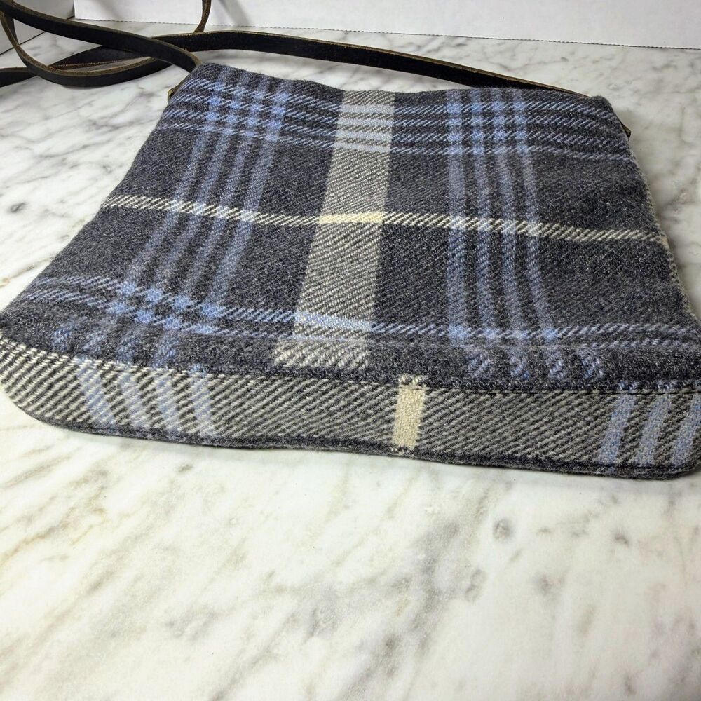 American Eagle Wool Blend Plaid Crossbody Bag Gray Blue Tartan Leather Strap